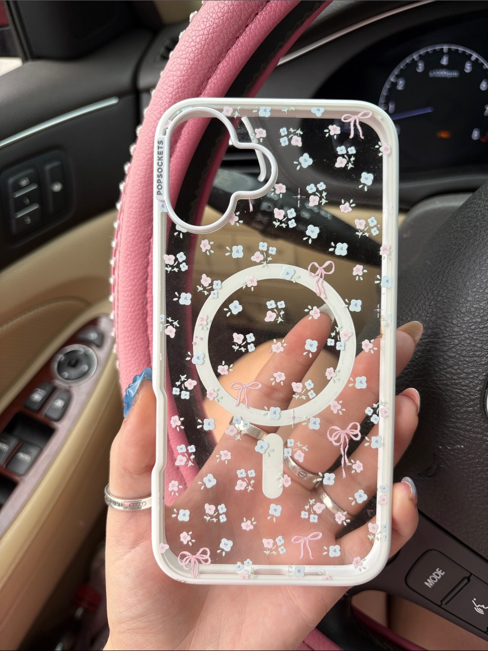 PopSocket Clear iPhone Case with Pink and White Floral MagSafe Ring